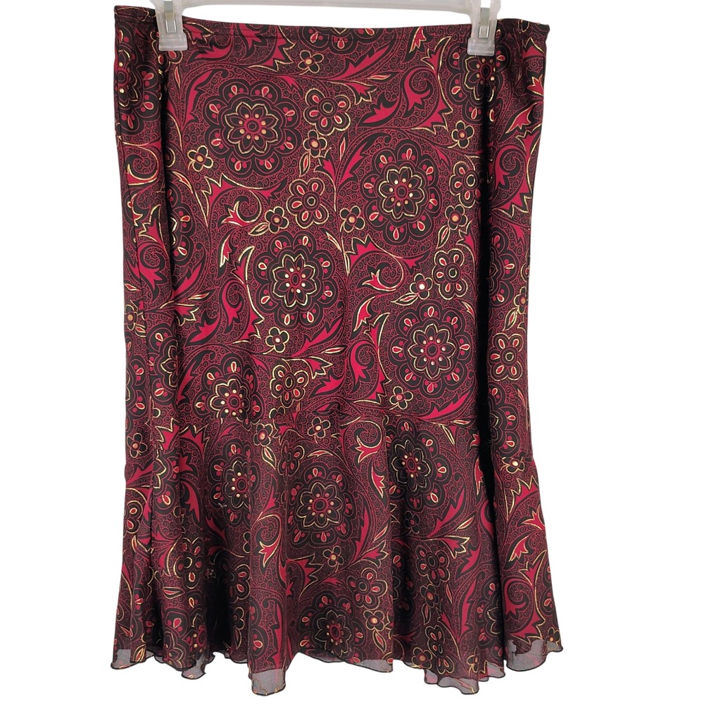 Womens L First Option Paisley Floral Midi Skirt Red Black Gold Whimsigoth Boho